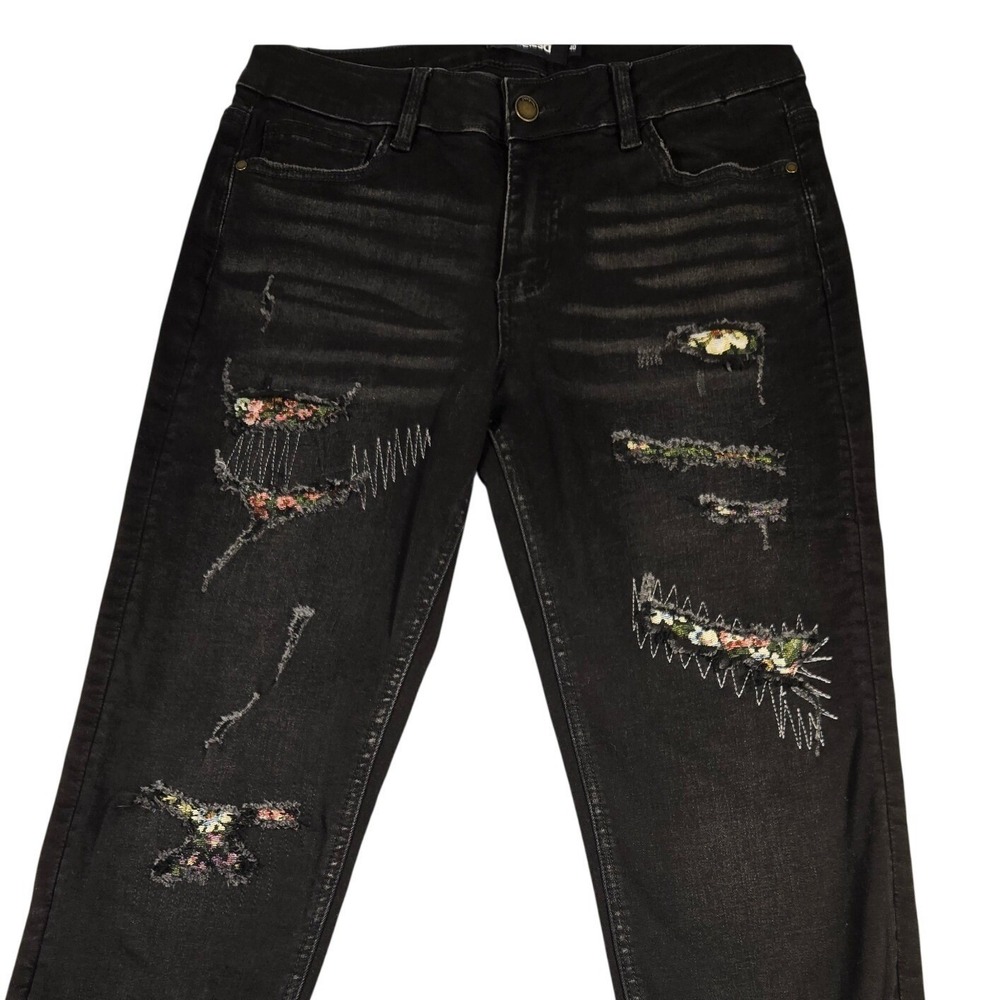 Desigual Distressed Black Grunge Slim Stretch Denim Jeans Sz. 40 Pink Logo Patch